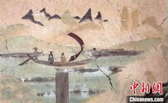 “一人搖櫓晃扁舟，兩人撐篙水上漂?！眻D為莫高窟第323窟《搖櫓帆船》（初唐）?！《鼗脱芯吭汗﹫D