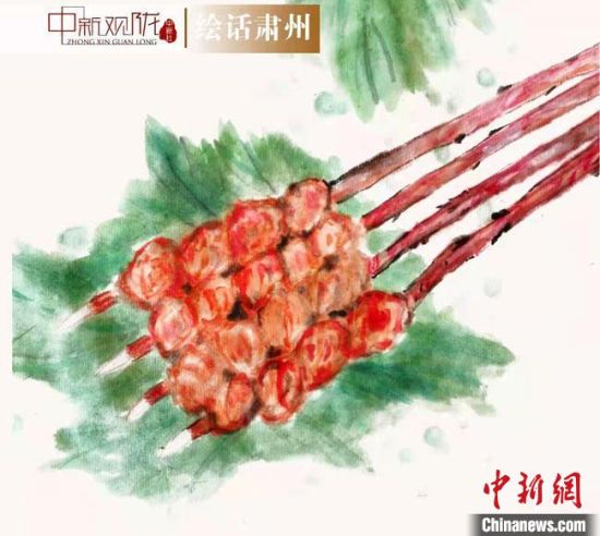 圖為酒泉美食“紅柳烤肉”繪畫作品?！《排d彥 攝